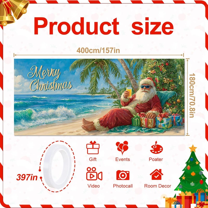 THISFIND Beach-Themed Merry Christmas Garage Door Banner – Tropical Santa Claus with Palm Trees & Gifts – Fun Holiday Outdoor Decor - Image 2